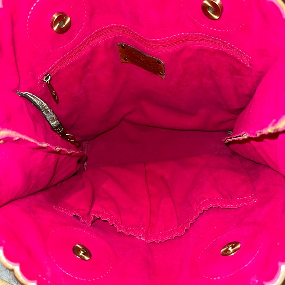 Patricia Nash tote teal/brown/gold 13 1/2 x 12 1/2 x 5 fuchsia/pink inter - Picture 8 of 11